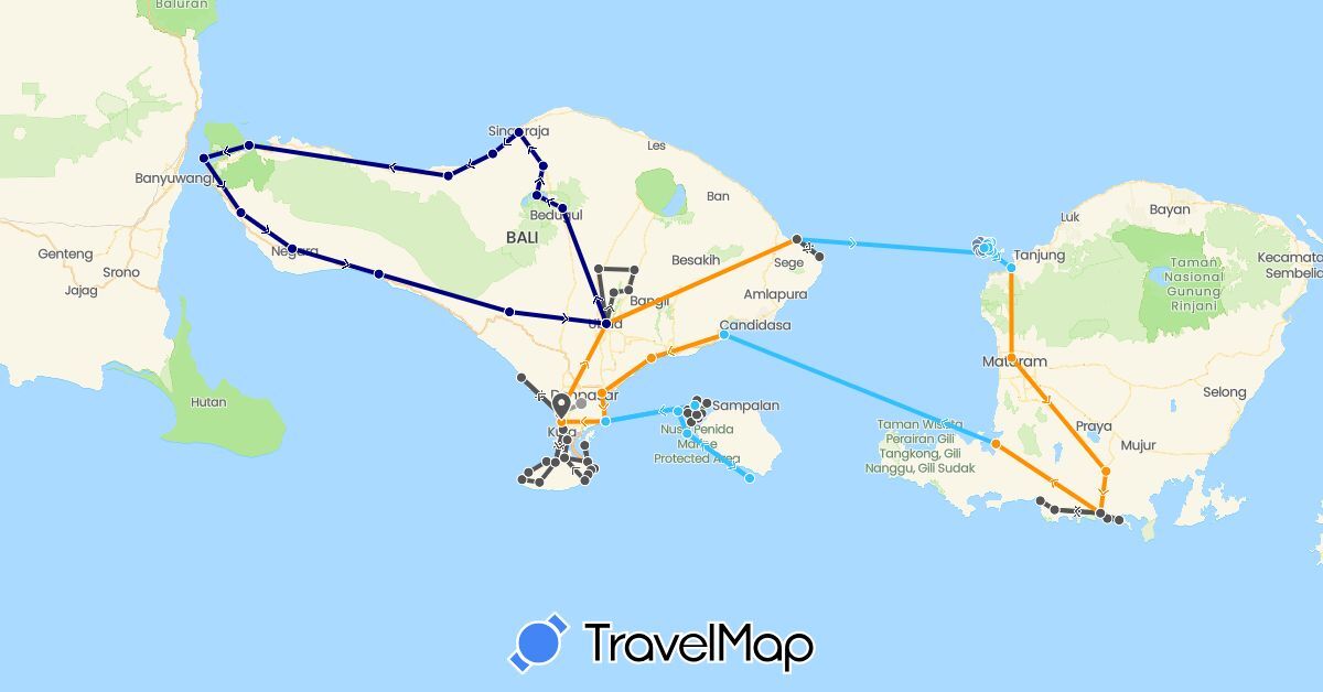 TravelMap itinerary: driving, plane, cycling, boat, hitchhiking, motorbike in Indonesia (Asia)